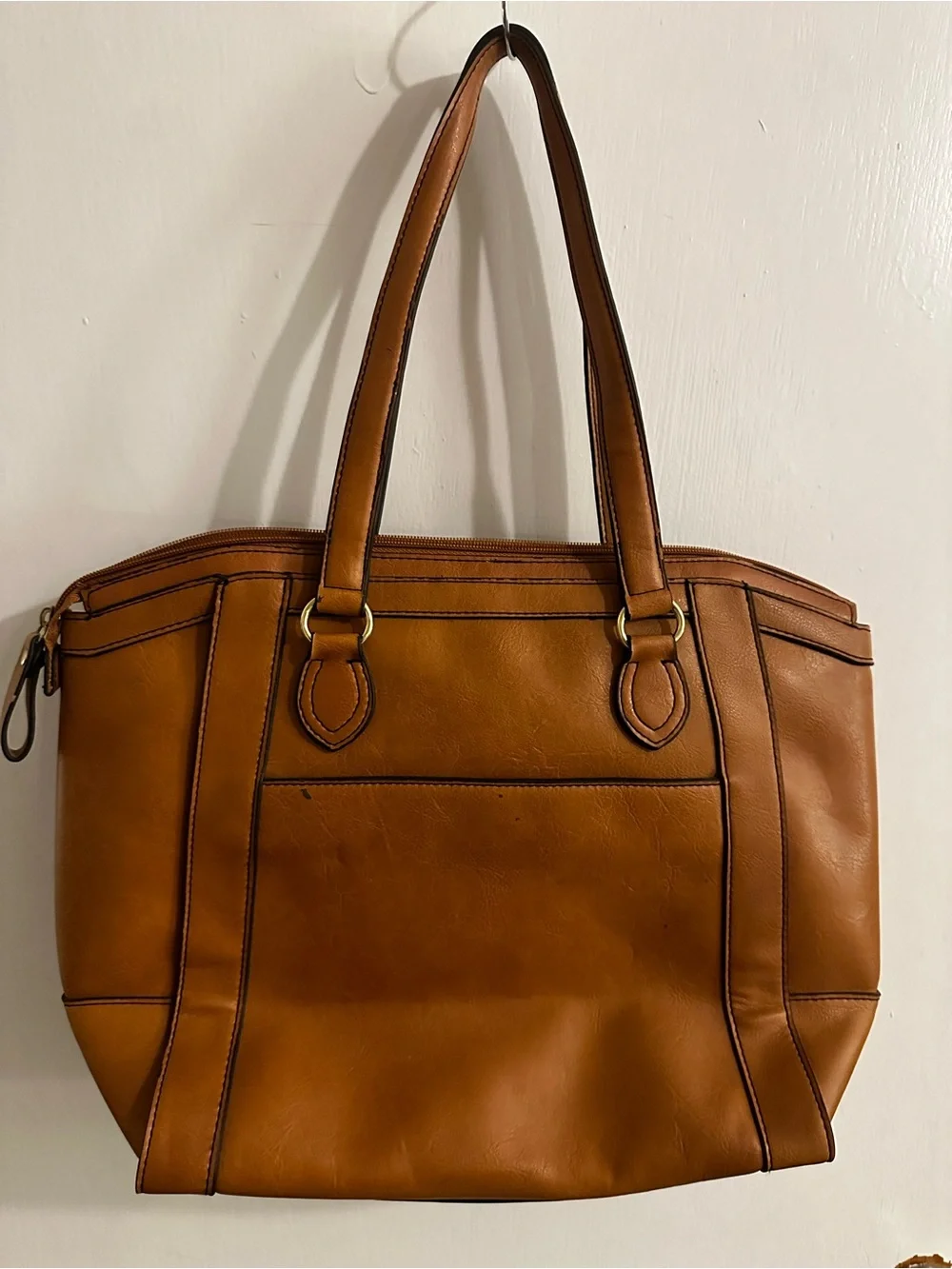 London Fog Cognac Leather Tote with Front Zip Pocket